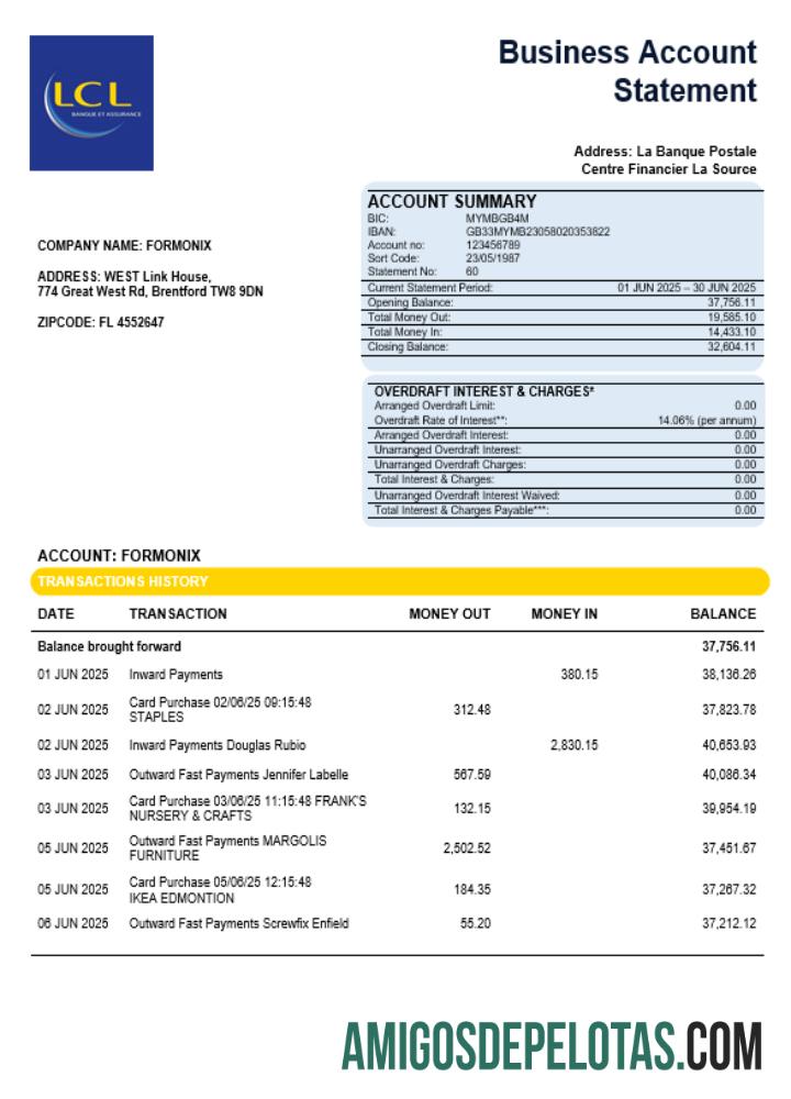 Centre National Des Chèques Postaux Declaração da empresa em formato Word e PDF amostra